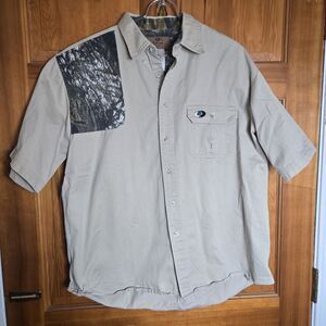 Mossy Oak Shooter Shirt Men's XL Short Sleeve Tan Camo Heavy Canvas Right Handed